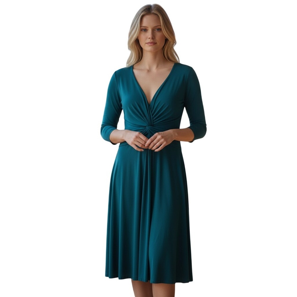 Love Squared Midi Dress Womens 1X Teal Like New Twist Front V-Neck 3/4 Sleeve